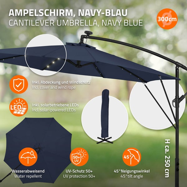 Navy-blauer Ampelschirm, Durchmesser 300 cm, Höhe circa 250 cm, Solar-LEDs, inklusive Abdeckung, wasserabweisend, UV-Schutz 50 plus, 45 Grad Neigung.