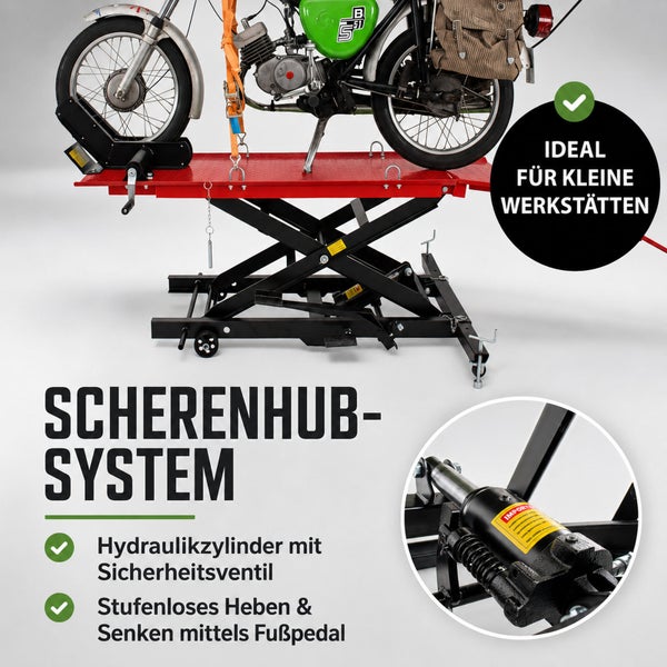 Motorrad-Scherenhebebühne mit roter Plattform, schwarzem Rahmen und Hydraulikzylinder. Stufenloses Heben und Senken per Fußpedal.
