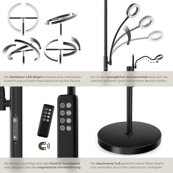 Stehlampe mit drehbaren LED-Bögen, Schwanenhals-Leseleuchte, Touchpanel und magnetischer Fernbedienung für individuelle Ausrichtung und Beleuchtung.