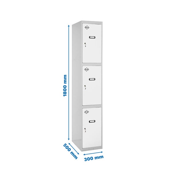 Stahlschrank mit drei Fächern und den Maßen 1800 mm Höhe, 500 mm Tiefe und 300 mm Breite.
