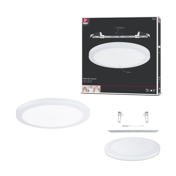 Rechteckige LED Deckenleuchte mit flachem Design und dunklem Rahmen an einer Decke montiert.