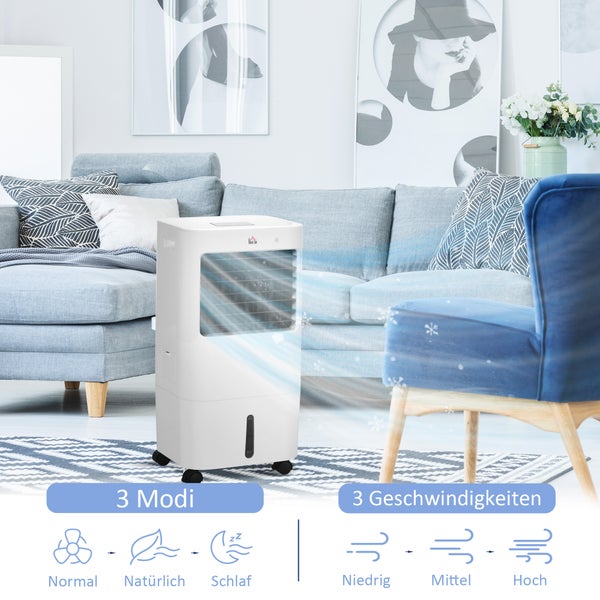 HOMCOM 3 in 1 Mobile Klimaanlage mit Luftbefeuchtung Wasserkühlung 15L 60° oszillierendes Klimagerät 65W Luftkühler mit 8h Timer, Fernbedienung, Nutzungsraum 20 ㎡ Weiß 32 x 37 x 69 cm