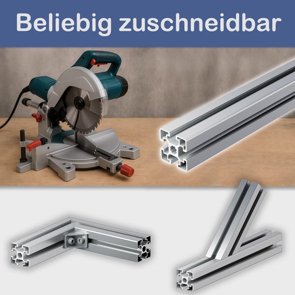 Kapp- und Gehrungssäge neben Aluminiumprofilen, die beliebig zuschneidbar sind