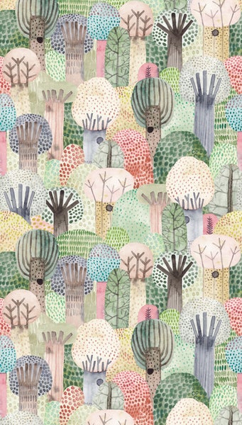 Tapete mit Aquarell-Waldmuster, stilisierte Bäume mit Punkten und Streifen, Naturmotiv in Handmalerei-Optik.