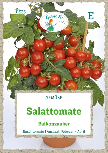 Samentüte für Salattomate Balkonzauber, eine Buschtomate mit vielen roten Früchten, Grüne Fee Logo.
