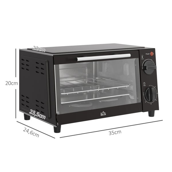 Schwarzer Miniofen von Homcom mit Glasfront. Maße: 35 cm breit, 20 cm hoch, 24,6 cm tief. Innenmaße des Rosts: 23,5 cm mal 22 cm.