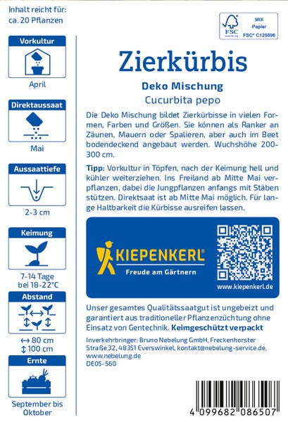 Saatgut für Zierkürbis Deko Mischung Cucurbita pepo von Kiepenkerl mit Pflanzanleitung und Symbolen für Aussaat sowie Erntezeit.