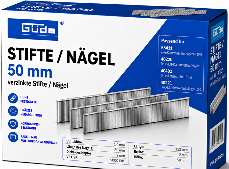 Güde verzinkte Stifte und Nägel in 50 Millimeter Länge, 5000 Stück im Karton für Druckluft-Nagler und Klammergeräte.