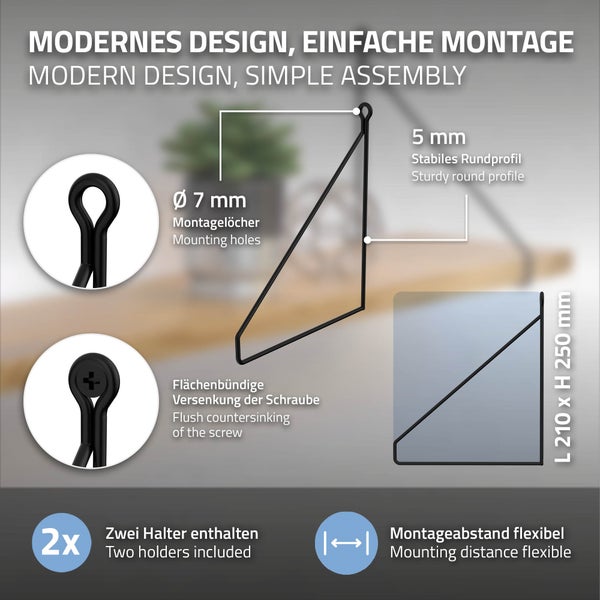 ML-Design 2 Stück Regalhalterung 200mm Schwarz, Metall, Dreieckige Regalhalterungen, Schwebe Regalwinkel, Draht Wandhalterung, Regalträger für Wandmontage, Wandregal Wandkonsole Hängeregal Regalstütze