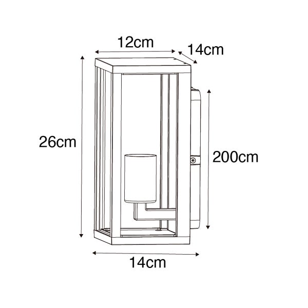 Rechteckige Außenwandleuchte mit den Maßen: Höhe 26 Zentimeter, Breite 12 bis 14 Zentimeter und Tiefe 14 Zentimeter.