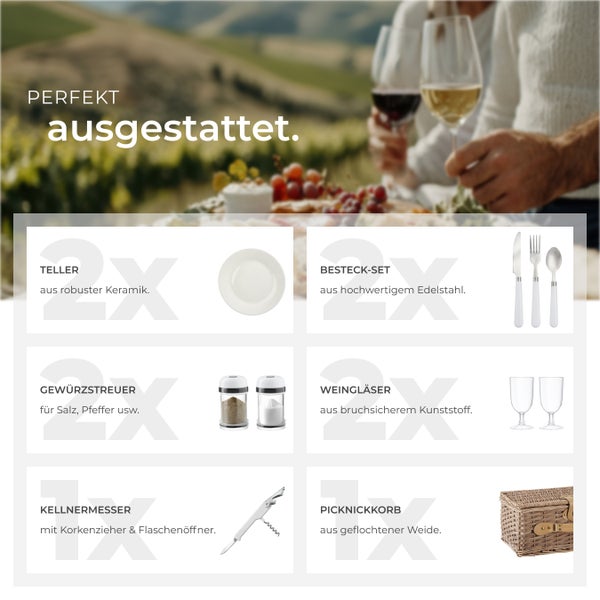 Komplettes Picknickset mit Tellern, Besteck, Salz- und Pfefferstreuern, Weingläsern, Kellnermesser und Picknickkorb