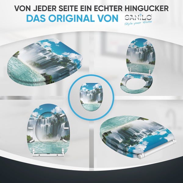 Sanilo WC-Sitz mit Wasserfall-Motiv in verschiedenen Ansichten wie geschlossen, geöffnet und von oben. Sanilo Logo.