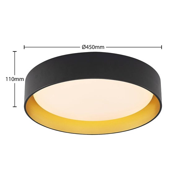 Runde Deckenleuchte in Schwarz und Gold mit Abmessungen: Durchmesser 450 Millimeter, Höhe 110 Millimeter.