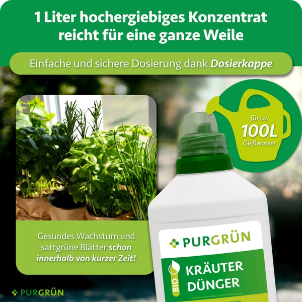 Purgrün Kräuterdünger Konzentrat 1 Liter Flasche mit Dosierkappe für gesundes Wachstum von Kräuterpflanzen, ausreichend für 100 Liter Gießwasser.