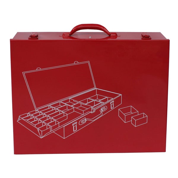 PROREGAL Sortimentskoffer aus Metall mit 46 farbigen Systemfächer | HxBxT 13,5x33x44cm | Verkehrsrot