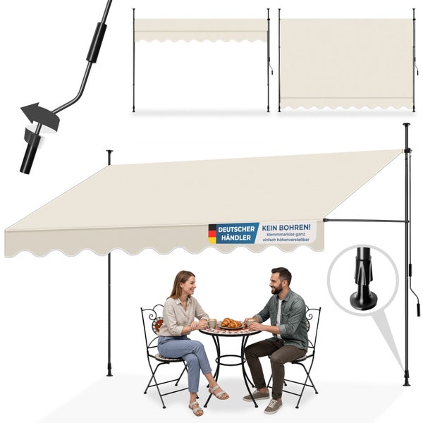 Klemmmarkise für Balkon, ohne Bohren, höhenverstellbar, beige, mit Handkurbel. Zwei Personen sitzen an einem Tisch unter dem Sonnenschutz.
