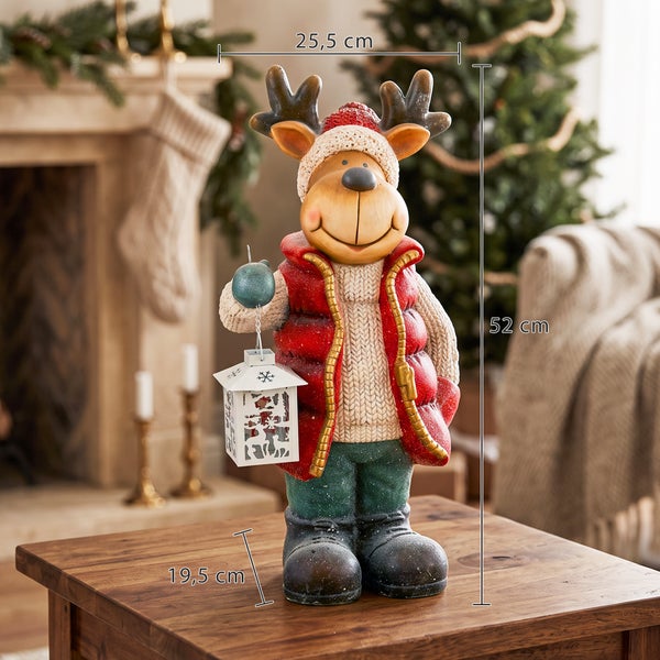 Weihnachtsfigur Rentier mit Laterne, 52 Zentimeter hoch, aus Kunststein zur Dekoration