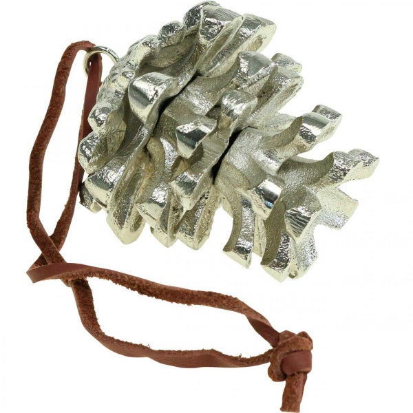 Dekorative Tannenzapfen-Hängefigur aus Metall mit Lederband
