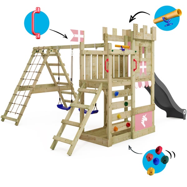 WICKEY Spielturm Ritterburg DragonFlyer mit Schaukel und Rutsche, Spielhaus mit Sandkasten, Kletterleiter und Spiel-Zubehör – anthrazit