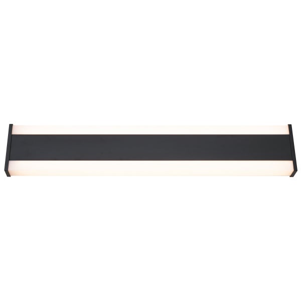 Moderne, rechteckige LED-Wandleuchte in Schwarz mit weißem Lichtaustritt oben und unten.