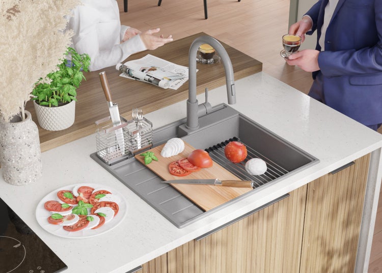 PRIMAGRAN Spülbecken Grau 62x53cm, Granitspüle 1 Becken + Ablauf-Set + Küchenzubehörset, Küchenspüle ab 45er Unterschrank - Sydney Pocket