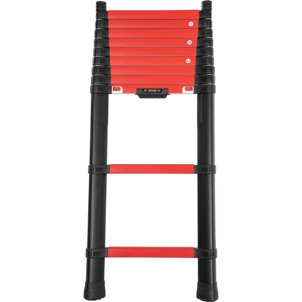 Teleskopleiter in Rot und Schwarz mit mehreren Sprossen, Modell Rescue.