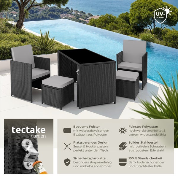 Rattan Sitzgruppe tectake Palermo inklusive Flaschenöffner, zusammenschiebbar für 2 bis 4 Personen schwarz/grau