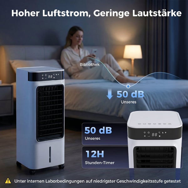 Mobiler weißer Luftkühler im Schlafzimmer mit Digitalanzeige, 50 Dezibel Lautstärke und 12 Stunden Timer.