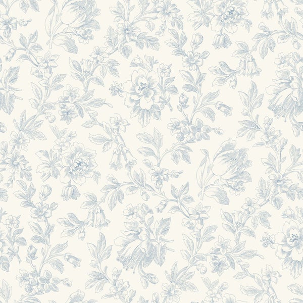 Vliestapete mit feinem floralem Muster im Vintage-Stil mit Blumen und Blättern.