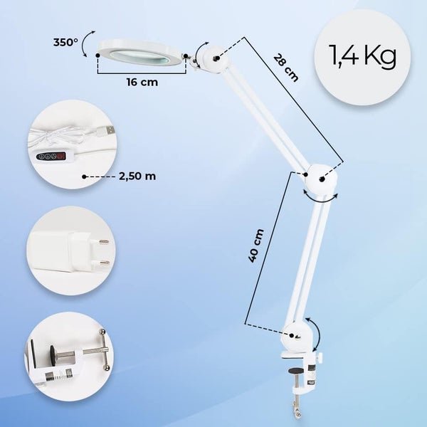Weiße Lupenleuchte mit 16 Zentimeter Linse, 28 und 40 Zentimeter Armen, 2,50 Meter Kabel, 350 Grad drehbar und 1,4 Kilogramm Gewicht.