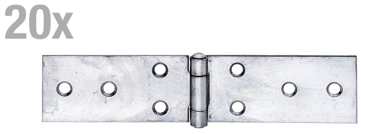 Ein Set aus 20 Flachscharnieren aus Metall mit vorgebohrten Löchern zur Montage von Türen oder Klappen.