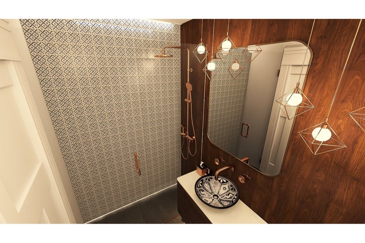 Badezimmer mit Dusche, Waschbecken und geometrischen Dekorationen an der Wand