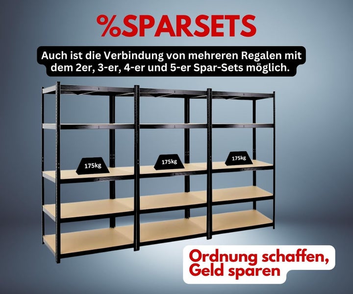 Drei verbundene Schwerlastregale mit fünf Ebenen und einer Traglast von 175 Kilogramm pro Boden, erhältlich als Sparset.