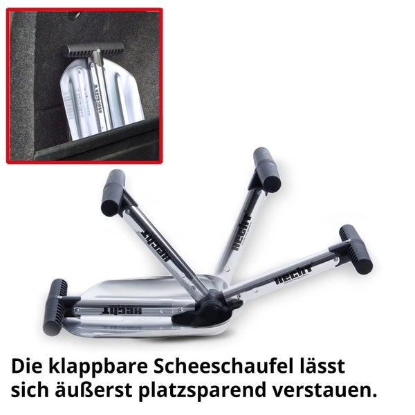 Zusammenklappbare Schneeschaufel aus Metall mit Kunststoffgriff