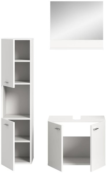 Badmöbel-Set 3-teilig in Weiß, bestehend aus einem Hochschrank, einem Spiegel mit Ablage und einem Waschbeckenunterschrank.