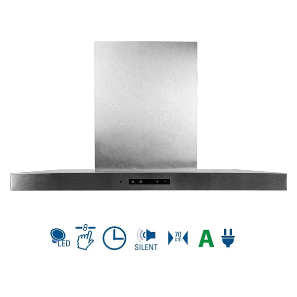 Wandhaube aus Edelstahl mit LED-Beleuchtung, Touchsteuerung, Timer, leisem Betrieb, 70 Zentimeter Breite und Energieeffizienzklasse A.