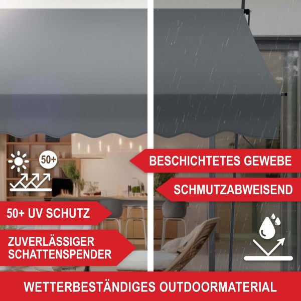 Markise mit UV-Schutz 50 plus, wasserabweisendem beschichtetem Gewebe und schmutzabweisendem wetterbeständigem Material für den Außenbereich.