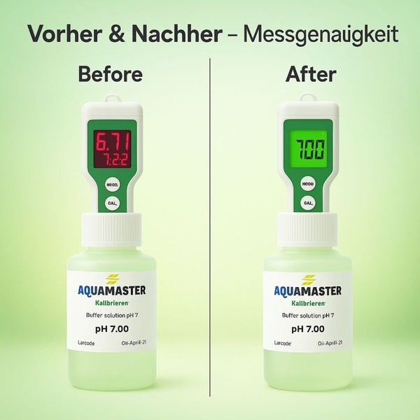 Vorher-Nachher-Vergleich der Messgenauigkeit eines pH-Messgeräts von Aquamaster mit Pufferlösung pH 7