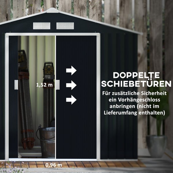 Outsunny Gerätehaus, Geräteschuppen mit Bodenrahmen und Schiebetüren, wetterfest, 213 x 130 x 185 cm, Stahl, Kohlegrau