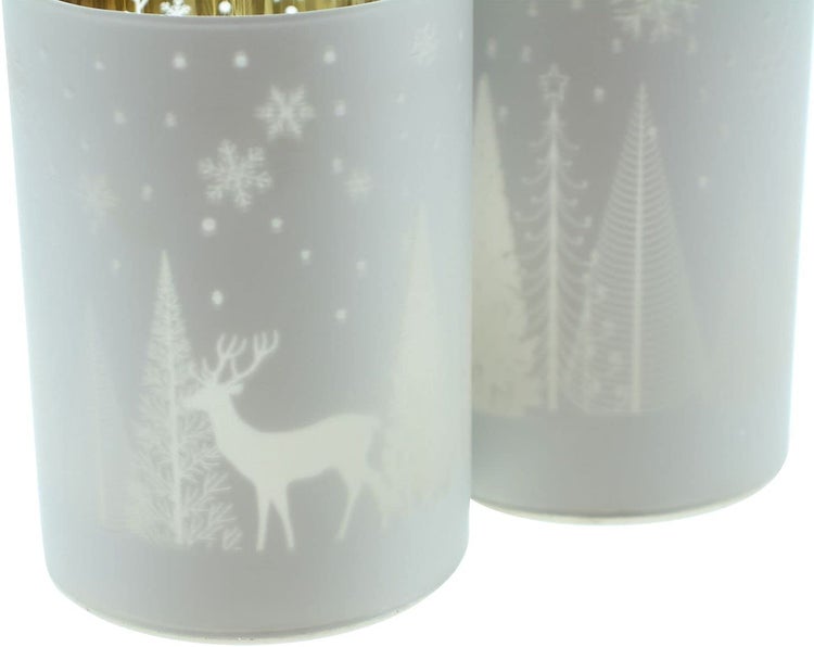 Dekoleidenschaft 2x Windlicht Winterlandschaft aus Glas, weiß / silber, 12 + 15 cm hoch, Glaswindlicht, Teelichtgläser, Winterdeko, Deko Wohnzimmer