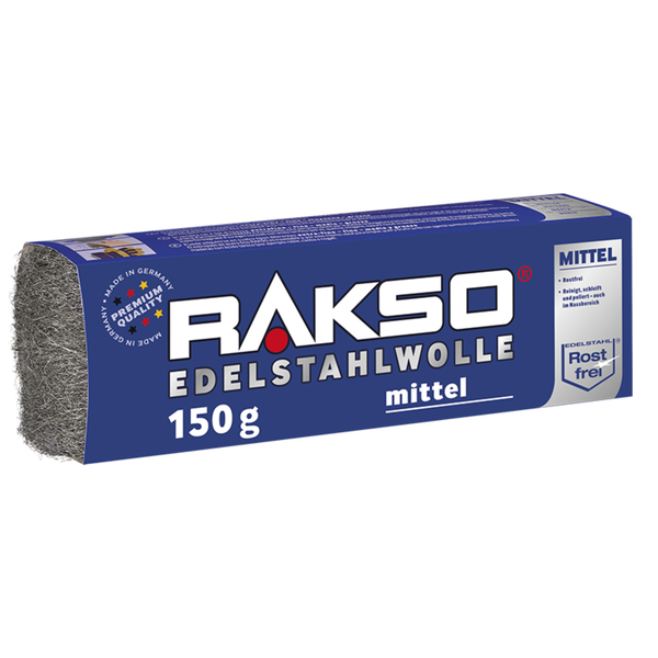 Rakso Edelstahlwolle mittel, 150 Gramm, rostfrei, zum Reinigen, Schleifen und Polieren.