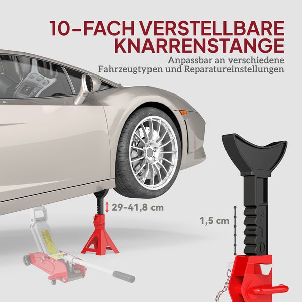 Unterstellbock mit 10-fach verstellbarer Knarrenstange unter einem Auto, Höhenbereich 29 bis 41,8 Zentimeter, Rasterung 1,5 Zentimeter.