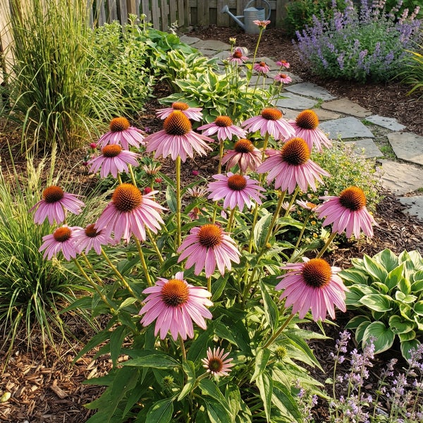 Rosafarbener Sonnenhut in einem sonnigen Garten mit Rindenmulch, Steinweg und verschiedenen Stauden.