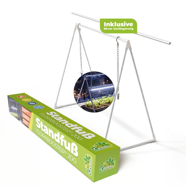 Bio Green Standfuß Florabooster 200 für Pflanzenlampen inklusive 90 Zentimeter Verlängerung und Kettenaufhängung mit Produktverpackung.