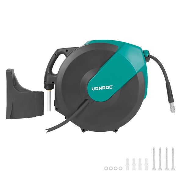 VONROC PRO Automatischer Druckluft-Schlauchtrommel – Inkl. 30m Druckluftschlauch, 1m Zuleitungsschlauch und Wandhalterungs-Set – 17 bar/250 PSI - Universelle EURO/DIN 7,2mm Kupplungen