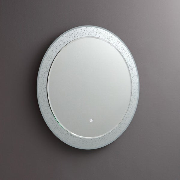 Runder LED-Badezimmerspiegel mit gemustertem Lichtrahmen und Touch-Sensor.