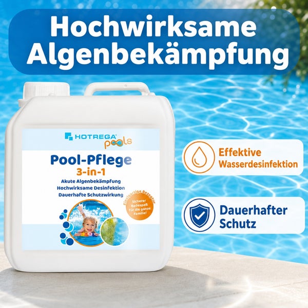 Hotrega Pool Pflege 3 in 1 Kanister zur Algenbekämpfung und Desinfektion für Schwimmbecken mit dauerhafter Schutzwirkung.