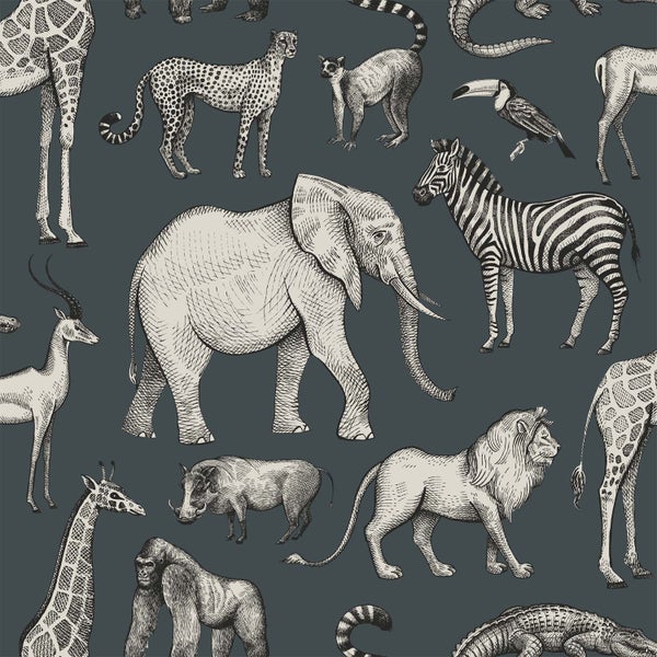 Tapete mit Tiermotiven, darunter Elefant, Zebra, Löwe, Giraffe und Krokodil