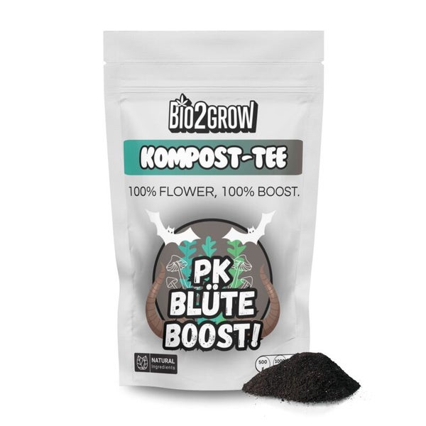 Bio2Grow Komposttee in einer Verpackung mit einer kleinen Menge Kompost davor