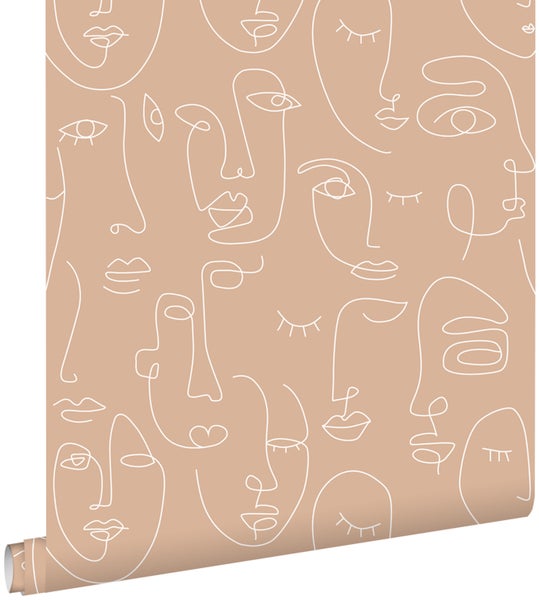 ESTAhome Tapete Line Art Gesichter Pfirsichrosa und Weiß - 53 cm x 10.05 m - 139214